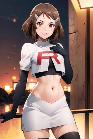 (best quality), (highly detailed), masterpiece, (official art), rika, brown hair, hairclip, freckles, brown eyes, posing, lips, ( evil smile), , Team Rocket, cropped jacket, white jacket, crop top, jacket, gloves, black gloves, elbow gloves, navel, midriff, white skirt, miniskirt, skirt, thighhighs,, looking at viewer, china, asiática, city, night, sky, (intricately detailed, hyperdetailed), blurry background,depth of field, best quality, masterpiece, intricate details, tonemapping, sharp focus, hyper detailed, trending on Artstation,1 girl, high res, official art