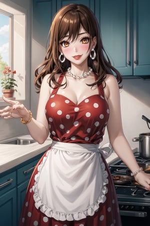 ((best quality)),  ((highly detailed)),  masterpiece,1girl, 1girl,  evil smile:1.2, smug, seductive smile, solo,   (Stepford),lips, makeup, lipstick,red lips, (pose:1.3),(polka dot:1.4), (polka dot dress:1.4),(pearl necklace:1.2), pearl bracelet, bare shoulders,(red dress:1.2),(aroused), blush ,standing,  (large pearl necklace), (hoop earrings:1.2),  (apron), blush,, looking at viewer, standing, cowboy shot, fingernails, kitchen, cooking, indoors, house, windows, cortain, food, hori kyouko, brown hair, orange eyes