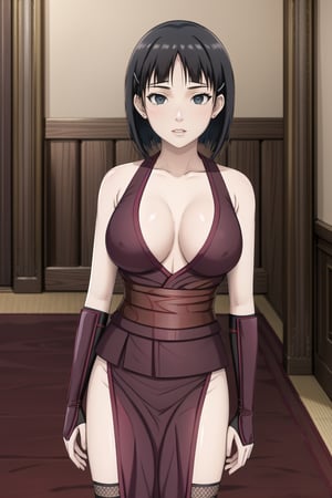 masterpiece,best quality,highres,ultra-detailed,suguha, short hair, black hair, bob cut, hairclip, hair ornament, blunt bangs,lips:1.2, empty eyes:1.3,  breasts,  solo, ninja, cleavage, thighhighs, pelvic curtain, gloves, fishnets, large breasts, japanese clothes,  bare shoulders, sash,  (indoors:1.2), (royal room:1.2), (latex), standing, StandingAtAttention,b1mb0,night club