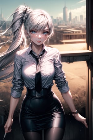 ((best quality)), ((highly detailed)), masterpiece, ((official art)),weiss schnee, side ponytail, scar across eye,white hair,outdoors,city,(glowing eyes),(floating hair),(high-waist skirt:1.2),(black skirt:1.2),(black necktie:1.1),(seductive smile),(closed mouth),(lips:1.2),jewelry, wristwatch, skirt, solo, (cowboy shot:1.2),standing, pencil skirt,  belt, (earrings:1.1), collared shirt, ,office lady,(formal:1.1), shirt tucked in, (skirt suit),black pantyhose, dress shirt, intricately detailed, hyperdetailed, blurry background,depth of field, best quality, masterpiece, intricate details, tonemapping, sharp focus, hyper detailed, trending on Artstation,1 girl, high res, official art,beautiful detailed eyes
