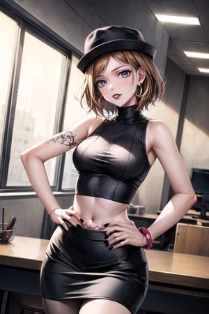 ((best quality)),  ((highly detailed)),  masterpiece,  ((official art)), (serena, hat, red hat , short hair, earrings, jewelry) ,RockOfSuccubus, (lips:1.2), (black lips:1.3), black nails, (( arms_at_sides:1.2, hand_on_own_hip, head_tilt)),  (pubic tattoo:1.3), navel, midriff, sleeveless, bare shoulders, figure, turtleneck, ((black shirt)), (black pencil skirt), (office), lady office, , building, bracelet, parted lips, indoors, intricately detailed, hyperdetailed, blurry background, depth of field, best quality, masterpiece, intricate details, tonemapping, sharp focus, hyper detailed, trending on Artstation, 1 girl, high res, official art