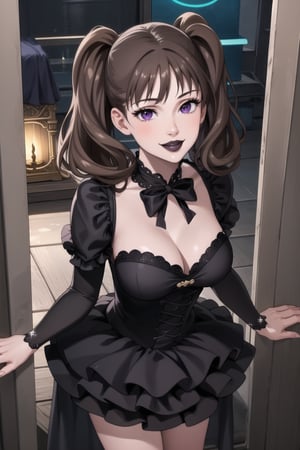 (best quality), (highly detailed), masterpiece, (official art),  diane,twintails, brown hair ,purple eyes, solo, smile, lips:1.2, black lips:1.4, lipstick:1.2, beautiful 1girl wearing a earthy black (idol dress:1.3), gothic idol ,layered skirt, frills, ribbon, bow, sequins, looking at viewer, (state, state ligth, neon lights), ,,hd quality, perfect face ,realistic, realistic body , perfect face sync, StandingAtAttention,,b1mb0,