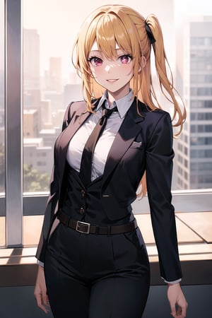 (best quality), (highly detailed), masterpiece, (official art),  hoshino_ruby, long hair, ((one side up)), lips, smile, top jacket:1.3,black pants, belt,,necktie,  black jacket,(black suit), long sleeves, shirt tucked in,looking at viewer, shirt, black necktie, white shirt, medium breasts,window, formal, office lady,pants, business suit, suit,  (intricately detailed, hyperdetailed), blurry background,depth of field, best quality, masterpiece, intricate details, tonemapping, sharp focus, hyper detailed, trending on Artstation,1 girl, solo,high res,official art,hoshino_ruby