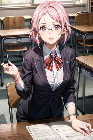 ((best quality)),  ((highly detailed)),  masterpiece,  ((official art)), ( lisbeth, pink hair, hairclip, pink eyes, freckles,earrings ,glasses),lips,  figure, ,(office), suit blazer, no shirt underneath,  in a classroom building, bracelet, parted lips,  indoors, intricately detailed, hyperdetailed, blurry background, depth of field, best quality, masterpiece, intricate details, tonemapping, sharp focus, hyper detailed, trending on Artstation, 1 girl, high res, official art,hilda