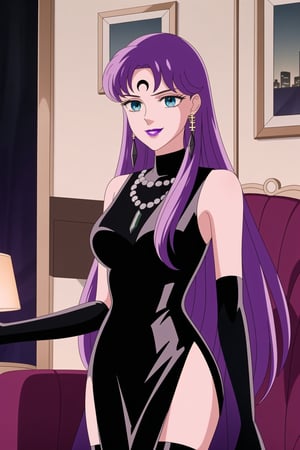 (best quality), (highly detailed), masterpiece, (official art),Saori Kido, long purple hair. blue eyes, bangs, lips, smile, lipstick, makeup,evil smile:1.2, salute,
((Forehead mark, crescent facial mark, black crystal earrings, jewelry)).  Dark  dress, black latex, black sleeveless dress, turtleneck_dress, short dress, elbow gloves, green gloves, thighhighs, large necklace, ((gemstone necklace:1.2)), standing,
Modern luxury lounge with dim lighting, featuring sleek black leather sofas, glass tables, and soft ambient lighting from wall sconces. A large window in the background reveals a city skyline at night, adding a touch of sophistication to the scene