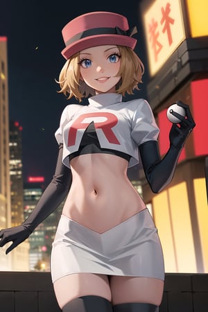 (best quality), (highly detailed), masterpiece, (official art), serena, red hat, short hair, Brown hair, poke ball, poke ball (basic), holding poke ball, posing, lips,( evil smile), Team Rocket, cropped jacket, white jacket, crop top, jacket, gloves, black gloves, elbow gloves, navel, midriff, white skirt, miniskirt, skirt, thighhighs,, looking at viewer, china, asiática, city, night, sky, (intricately detailed, hyperdetailed), blurry background,depth of field, best quality, masterpiece, intricate details, tonemapping, sharp focus, hyper detailed, trending on Artstation,1 girl, high res, official art
