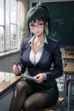((best quality)), ((highly detailed)), masterpiece, ((official art)),zenin_maki, green hair, ponytail, glasses, bangs, brown eyes, breasts, looking at viewer, smile, skirt, large breasts, shirt, long sleeves, cleavage, sitting, collarbone, jacket, white shirt, pantyhose, indoors, english text, formal, crossed legs, suit, desk, pencil skirt, classroom, chalkboard, on desk, teacher, skirt suit, sitting on desk, intricately detailed, hyperdetailed, blurry background,depth of field, best quality, masterpiece, intricate details, tonemapping, sharp focus, hyper detailed, trending on Artstation,1 girl, high res, official art,beautiful detailed eyes