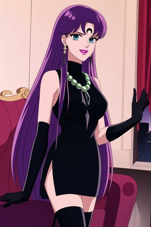 (best quality), (highly detailed), masterpiece, (official art),Saori Kido, long purple hair. blue eyes, bangs, lips, smile, lipstick, makeup,evil smile:1.2, 
((Forehead mark, crescent facial mark, black crystal earrings, jewelry)).  Dark  dress, black latex, black sleeveless dress, turtleneck_dress, short dress, elbow gloves, green gloves, thighhighs, large necklace, ((gemstone necklace:1.2)), standing,
Modern luxury lounge with dim lighting, featuring sleek black leather sofas, glass tables, and soft ambient lighting from wall sconces. A large window in the background reveals a city skyline at night, adding a touch of sophistication to the scene