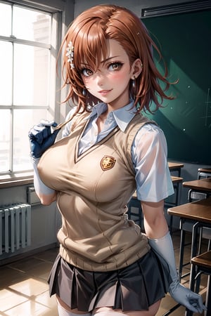 ((best quality)),  ((highly detailed)),  masterpiece,1girl,  large breasts, tokiwadai school uniform, sweater vest, short sleeves, white gloves, elbow gloves, pleated skirt, white thighhighs ,1girl, lips:1.2, seductive smile, gyaru ,jewelry, blush, earrings, looking at viewer, standing, cowboy shot, red hair, school, short hair, aamikoto, hair flower