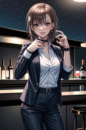 ((best quality)),  ((highly detailed)),  masterpiece,1girl, 1girl, (lips:1.2), seductive smile, smirk, naughty_face,nail polish, solo,   black pants,  formal,  black jacket,  open jacket,  (white shirt),  belt, ,  black jacket, (black suit),  long sleeves,  shirt tucked in,, (black choker), blush, earrings, black nails, looking at viewer, standing, cowboy shot, fingernails,  bar,outdoor,lamp,nigth,space, alcohol, sexy pose:1.2, purple nails, wristband, aamikoto,<lora:659111690174031528:1.0>