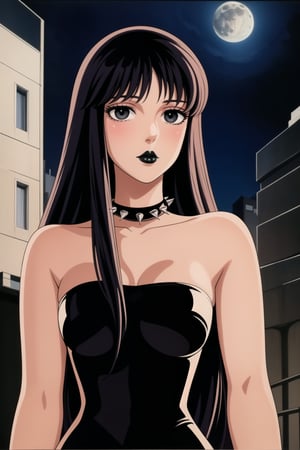 ((best quality)),  ((highly detailed)),  masterpiece,  ((official art)),(Saori Kido, Saori, long hair, black hair:1.3),((black eyes, empty eyes,expressionless,hypnosis)),(((white skin))) ,((makeup,lipstick, black lips:1.2)),absurdres, (spiked collar:1.2),  coyboy shot:1.3, thighhighs, lips,  blush,  (black latex:1.3),  black dress:1.2,  miniskirt  ((bodyconf)),  bare shoulders,  (( strapless)),  large breast,  looking at viewer,  street,  city,  nigth,  moon,  club,  (nigth club),  , hd quality,  perfect face , realistic,  realistic body,  perfect face sync,  , b1mb0,,,black lips