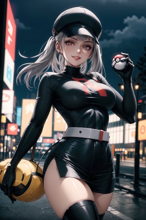 (best quality), (highly detailed), masterpiece, (official art), noelle_silva, silver hair, twintails, bangs, earrings, jewelry,,red eyes, red earrings, poke ball, poke ball (basic), holding poke ball, black headwear, cabbie hat, hat, posing, lips, ( evil smile), ,Grunt Team Rocket, dress, black dress, long sleeves, gloves, elbow gloves, belt, grey belt, skirt, thighhighs, looking at viewer, china, asiática, city, night, sky, (intricately detailed, hyperdetailed), blurry background,depth of field, best quality, masterpiece, intricate details, tonemapping, sharp focus, hyper detailed, trending on Artstation,1 girl, high res, official art,