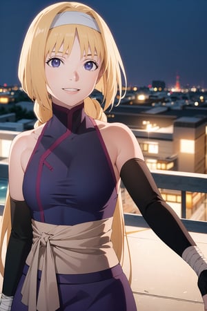 (best quality), (highly detailed), masterpiece, (official art),sumire kakei, (blonde hair), smile, long hair, ninja, elbow gloves, bandages, black pants, upper body, looking at viewer, city, night, sky, (intricately detailed, hyperdetailed), blurry background,depth of field, best quality, masterpiece, intricate details, tonemapping, sharp focus, hyper detailed, trending on Artstation,1 girl, high res, official art,b1mb0