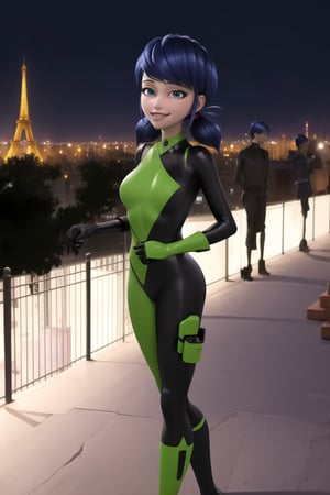 ((best quality)),  masterpiece, dynamic angle, marinette:1.2,blue hair, cyberpunk, paris, ruin,night ,(shegosuit) , smile, lips, scenery,  blurry background, 1 girl,  high res,  official art,empty eyes,b1mb0,