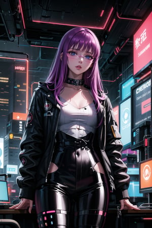 masterpiece,best quality,highres,ultra-detailed,purple hair, long hair, Saori, latex, bodysuit, hacker, computer, monitor, wive, cable, cyberpunk, indoors, neon nigth, Cyborg, chip, cyberpunk, collar, jacket,((cyberpunk glasses))