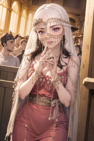 ((best quality)), ((highly detailed)), masterpiece, ((official art)), detailed face, beautiful face, (detailed eyes, deep eyes), seductive posing, (cowboy shot),diane, long hair, brown hair, purple eyes, empty eyes:1.2,,((veil, transparent,mask Veil,Veil)) v3il, face veil, (forehead jewel opal), crystal head veil, (cowboy shot), eyeliner, eyeshadow, makeup, ,ethereal nightgown, (sash), (cowboy shot), grand hall, . shallow depth of field, vignette, highly detailed, high budget, bokeh, cinemascope, moody, epic, gorgeous, film grain, grainy