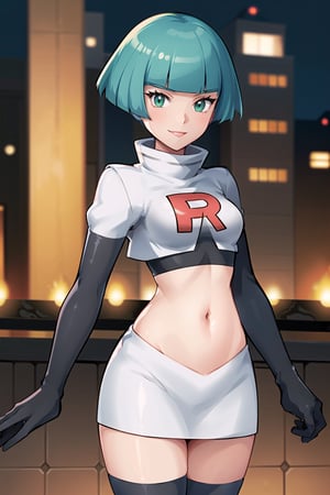 (best quality), (highly detailed), masterpiece, (official art),  (female grunt), green hair, short hair, blunt bangs, green eyes, posing, lips, smile, Team Rocket, cropped jacket, white jacket, crop top, jacket, gloves, black gloves, elbow gloves, navel, midriff, white skirt, miniskirt, skirt, thighhighs,, looking at viewer, china, asiática, city, night, sky, (intricately detailed, hyperdetailed), blurry background,depth of field, best quality, masterpiece, intricate details, tonemapping, sharp focus, hyper detailed, trending on Artstation,1 girl, high res, official art