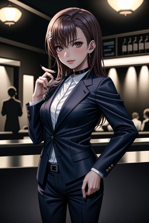 ((best quality)),  ((highly detailed)),  masterpiece,1girl, 1girl, (lips:1.2), seductive smile, smirk, naughty_face,nail polish, solo,   black pants,  formal,  black jacket,  open jacket,  (white shirt),  belt, ,  black jacket, (black suit),  long sleeves,  shirt tucked in,, (black choker), blush, earrings, black nails, looking at viewer, standing, cowboy shot, fingernails,  bar,outdoor,lamp,nigth,space, alcohol, sexy pose:1.2, purple nails, wristband, aamikoto,<lora:659111690174031528:1.0>