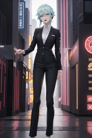 (best quality), (highly detailed), masterpiece, (official art),  Sinon, black lips, wearing a sleek black suit, earpiece in one ear, standing guard at the entrance of a high-tech skyscraper. The surrounding area is illuminated by neon lights, and her stern gaze scans the crowd for any signs of trouble. The night sky is filled with flying cars, and the city skyline is visible in the background, with a mix of modern architecture and holographic advertisements., ,hd quality, perfect face ,realistic, realistic body , perfect face sync,,b1mb0, 