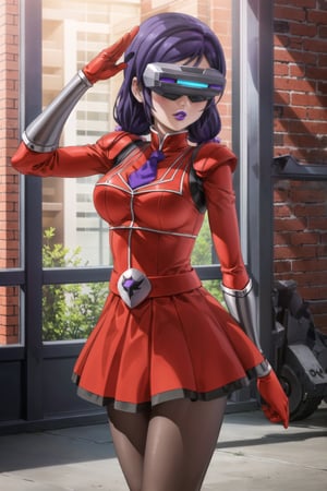 (best quality), (highly detailed), masterpiece, (official art),nozomi toujou, long hair,  dark blue hair, bangs,hair_scrunchie, mature_female, 1girl, solo, ((head-mounted display)), ((purple lips:1.2)), (team flare:1.2),  gloves,((armor, juliet_sleeves:1.2)), long_sleeves , pleated skirt,  necktie, red dress, belt, red dress, (pantyhose, red footwear1.2), (lips:1.2), ((arms at sides)),, cowboy shot, looking at viewer, indoors, blurry background,depth of field, best quality, masterpiece, intricate details, tonemapping, sharp focus, hyper detailed, trending on Artstation, salute,nozomi toujou