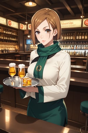 score_9, score_8_up, score_7_up, intricate details,1girl,  closed mouth, lips joo dee, scarf, hair ornament:1.3, holding tray:1.2, tray, alcohol, dutch angle, bar, cowboy shot:1.2, bar, table, customers, kugisaki nobara, brown hair,