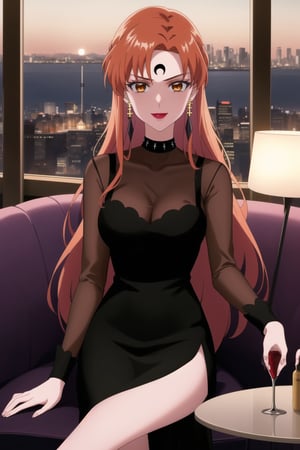 (best quality), (highly detailed), masterpiece, (official art), makeup, ((black moon, forehead mark, crescent facial mark, black crystal earrings)), jewelry, aged up, evil smile, lips, lipstick, asuna yuuki, long hair, orange hair, red hair, brown eyes, looking at viewer,  dress, jewelry, see-through, facial mark, moon,  aged up, forehead mark, crescent facial mark, crystal earrings,  sitting, crossed_legs_(sitting),
Modern luxury lounge with dim lighting, featuring sleek black leather sofas, glass tables, and soft ambient lighting from wall sconces. A large window in the background reveals a city skyline at night, adding a touch of sophistication to the scene,