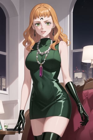 (best quality), (highly detailed), masterpiece, (official art),mimosa vermillion, orange hair, green eyes. bangs, lips, smile,
((Forehead mark, crescent facial mark, black crystal earrings, jewelry)).  Dark  dress, black latex, black sleeveless dress, turtleneck_dress, short dress, elbow gloves, green gloves, thighhighs, large turquoise necklace, ((gemstone necklace:1.2)), standing,
Modern luxury lounge with dim lighting, featuring sleek black leather sofas, glass tables, and soft ambient lighting from wall sconces. A large window in the background reveals a city skyline at night, adding a touch of sophistication to the scene.,b1mb0