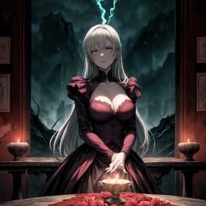  Elizabeth, black hair, lips, ruler of hell, stands as a malevolent dictator, her long hair flowing like darkness itself, gradient from white to dark, framing her cold gaze. Her elaborate gown, adorned with sinister symbols and glowing red accents, reflects her dominance and cruelty. The background features a hellish landscape: rivers of lava, jagged rocks, tormented souls, and dark clouds with lightning. Eerie, red and black glows illuminate the scene, capturing the dark and oppressive atmosphere of her dominion.

Anime illustration of Elizabeth, transformed into the corrupted ruler of Hell, sitting on a luxurious golden throne on a grand balcony. Her long hair flows from a gradient of white to black, symbolizing her descent into darkness, and her once green eyes now glow with a menacing red hue. She wears an elaborate black and red gown adorned with sinister symbols and glowing red accents, reflecting her dominance and cruelty.

Elizabeth's expression is cold and devoid of emotion as she holds a delicate porcelain teacup with her right hand, her left finger placed on her lips in a gesture of silence. Her gaze is fixed on the scene before her, a hellish landscape of a city engulfed in flames. Tall buildings and ancient architecture are crumbling and burning, casting an orange and red glow across the sky, creating a dramatic and chaotic atmosphere.

The balcony is decorated with large vases overflowing with vibrant red roses, some petals gently falling in the foreground, adding a touch of morbid beauty to the scene. The setting sun enhances the fiery ambiance, casting long shadows and illuminating the destruction.

On the table beside her, there are various elegant tea sets and a candlestick with lit candles, adding a warm light to the dark setting. Rivers of lava flow through the city, jagged rocks protrude from the ground, and tormented souls can be seen in the distance. Dark clouds swirl above with lightning illuminating the oppressive atmosphere of her dominion.