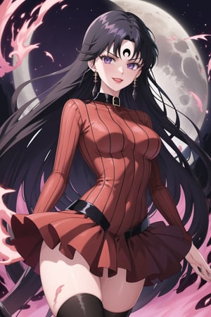 (best quality), (highly detailed), masterpiece, (official art),sama1, long hair, black hair, bangs , makeup, ((black moon, forehead mark, crescent facial mark, black crystal earrings)), jewelry, aged up, evil smile, lips, lipstick, posing, anime coloring, bodysuit:1.2,koan, sweater, striped, purple collar, long sleeves, layered skirt, stockings, forehead jewel,crystal, pyrokinesis, fire, floating_object, energythighhighs, medium breasts. blue thighhighs, A dark and mysterious female character inspired by the style of classic anime. She has an evil face with an evil smile, giving her an imposing and intimidating presence. The overall atmosphere is dark and mysterious, with a sense of power and control emanating from her posture.,