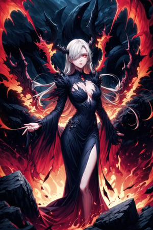 Elizabeth, white hair,hair_over_eye ,lips, ruler of hell, black wings,darkness wings,wings,demon wings,stands as a malevolent dictator, her long hair flowing like darkness itself, gradient from white to dark, framing her cold gaze. Her elaborate gown, adorned with sinister symbols and glowing red accents, reflects her dominance and cruelty. The background features a hellish landscape: rivers of lava, jagged rocks, tormented souls, and dark clouds with lightning. Eerie, red and black glows illuminate the scene, capturing the dark and oppressive atmosphere of her dominion.,shadow