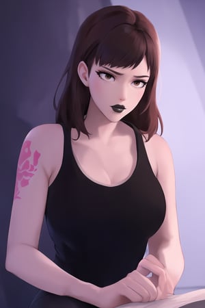 (best quality), (highly detailed), masterpiece, (official art),  dva, brown hair, messy hair, brown eyes, black lips:1.2, lips:1.3,wearing a black tank top and ripped jeans, concentrating on her work as she tattoos a client. The studio is dimly lit, with blacklight posters and various tattoo designs covering the walls. The hum of the tattoo machine fills the air as she skillfully inks a complex design. Her hands are steady, and her expression is one of intense focus., ,hd quality, perfect face ,realistic, realistic body , perfect face sync,,b1mb0, 