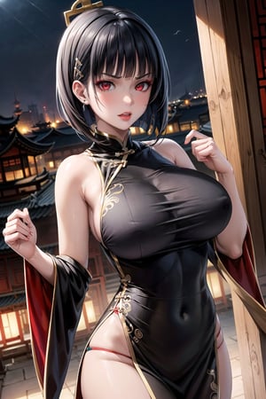 (best quality), (highly detailed), masterpiece, (official art),(suguha, short hair, black hair, bob cut, hairclip, hair ornament, blunt bangs),(red eyes),red lips, lips:1.3, huge brest, makeup:1.3, angry, serious,(((black china dress))), ((bare shoulder,sleeveless)),,looking at viewer, china, asiática, city, night, sky, (intricately detailed, hyperdetailed), blurry background,depth of field, best quality, masterpiece, intricate details, tonemapping, sharp focus, hyper detailed, trending on Artstation,1 girl, high res, official art,chinese dress