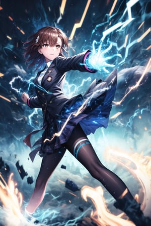 1girl, mikoto_misaka, short hair, brown hair, brown eyes, school_uniform, skirt, electricity, high-speed_movement, dashing_forward, body in motion, electric currents trailing behind her, fast movement, intense focus in her eyes, wind blowing through her hair, sparks flying off her feet as she moves, dynamic pose with one arm extended, GFX elements: motion blur on her body, glowing electric trails, neon blue lightning following her path, electric arcs cracking through the air, high-speed distortion, particles floating in the energy trail, glowing flares from her movement, debris lifting from her path, high contrast between shadows and light, electric sparks reflecting off nearby surfaces, intense cinematic energy,aamikoto