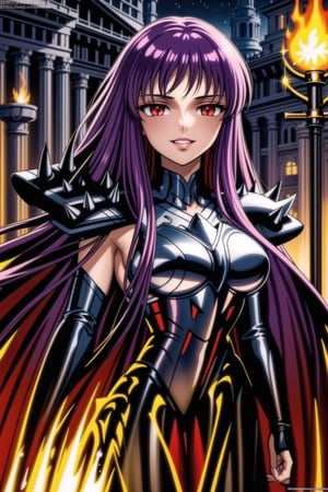 (best quality), (highly detailed), masterpiece, (official art), Saori, long hair, ((purple hair)), ((red eyes)), lips, (( evil smile)),(((fire, black cape, nigth))),  ((latex, black armor, dark armor,bodysuit, shoulder armor, spikes, pauldrons, black bodysuit )), outdoors, temple, (intricately detailed, hyperdetailed), blurry background,depth of field, best quality, masterpiece, intricate details, tonemapping, sharp focus, hyper detailed, trending on Artstation,1 girl, solo,high res,official art,hades_armor,<lora:659111690174031528:1.0>