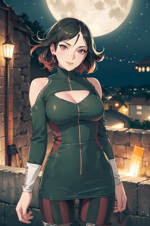 masterpiece, best quality, Ruby rose, short hair, delta_dress, earrings, smile, (upper body), best quality, masterpiece, intricate details, scenary, city, outdoors, night, sky, moon, trending on Artstation,1 girl, solo,looking at viewer, thigh gap, cowboy shot, standing,(intricately detailed, hyperdetailed), blurry background,depth of field, best quality, masterpiece, intricate details, tonemapping, sharp focus, hyper detailed, trending on Artstation,1 girl, high res, official art,atlasrose,ruby rose