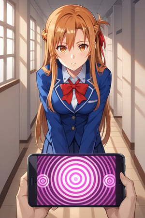 mind control, hypnosis, mind control app, hypnosis app, spiral, phone,1girl, solo, asuna yuuki,  long hair, french braid, orange hair, angry expression, furrowed brows, lips, open mouth, angry, 
,school uniform, standing in hallway, slight blush of frustration, hallway with background students looking over, bright afternoon sunlight, dramatic shadows on floor,b1mb0, looking_at_viewer, looking_at_viewer