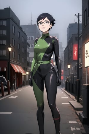 ((best quality)),  masterpiece,    sarada, black eyes, glasses, collar, earrings, jewelery, (microchip), cyberpunk, paris, ruin,night ,(shegosuit) , (expressionless:1.2), smile, lips, scenery,  blurry background, 1 girl,  high res,  official art,empty eyes