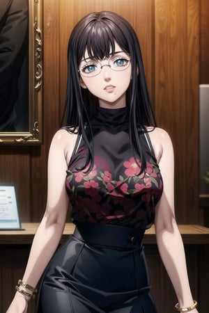 ((best quality)),  ((highly detailed)),  masterpiece,  ((official art)), (lolopechka, black hair, bangs, long hair, glasses),lips, sleeveless, bare shoulders, figure, turtleneck, ((black shirt)), black pencil skirt,(office), lady office, print skirt, floral print, high-waist skirt, shirt_tucked_in, building, bracelet, parted lips,  indoors, intricately detailed, hyperdetailed, blurry background, depth of field, best quality, masterpiece, intricate details, tonemapping, sharp focus, hyper detailed, trending on Artstation, 1 girl, high res, official art