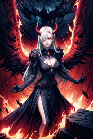 Elizabeth, white hair,hair_over_eye ,lips, ruler of hell, black wings,darkness wings,wings,demon wings,stands as a malevolent dictator, her long hair flowing like darkness itself, gradient from white to dark, framing her cold gaze. Her elaborate gown, adorned with sinister symbols and glowing red accents, reflects her dominance and cruelty. The background features a hellish landscape: rivers of lava, jagged rocks, tormented souls, and dark clouds with lightning. Eerie, red and black glows illuminate the scene, capturing the dark and oppressive atmosphere of her dominion.,shadow