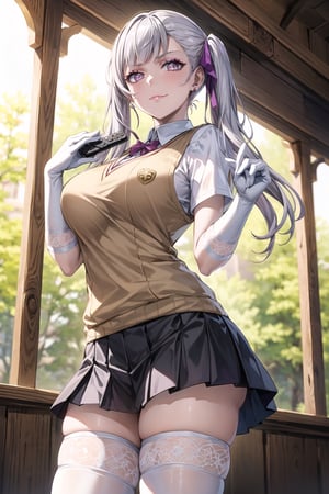 ((best quality)),  ((highly detailed)),  masterpiece,1girl, noelle_silva, silver hair,purple eyes, twintails, bangs, earrings, jewelry, ((remote_control, closed_mouth, sparkling_eyes, smug, shaded_face)),(large breasts), tokiwadai school uniform, sweater vest, short sleeves, ((white gloves, elbow gloves)), pleated skirt, white thighhighs ,1girl, lips:1.2, makeup:1.2, ((gyaru)) , looking at viewer, standing, cowboy shot, school, 