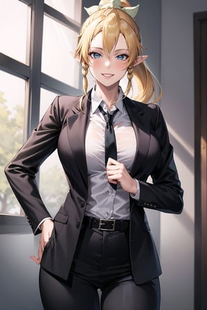 (best quality), (highly detailed), masterpiece, (official art), leafa, pointy ears, long hair, ponytail, braid, blonde hair,, lips, smile, necktie,pose,  black jacket,(black suit), open suit,  open jacket,long sleeves, shirt tucked in,looking at viewer, shirt, black necktie, white shirt, medium breasts,window, formal, office lady,pants, black pants, black belt, business suit, suit,  (intricately detailed, hyperdetailed), blurry background,depth of field, best quality, masterpiece, intricate details, tonemapping, sharp focus, hyper detailed, trending on Artstation,1 girl, solo,high res,official art