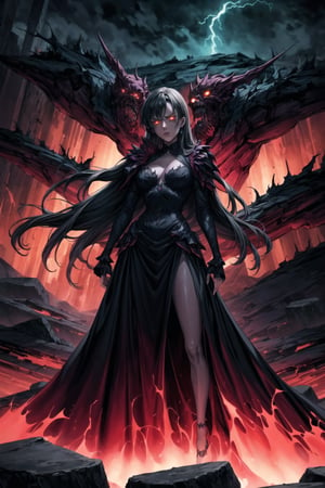 Elizabeth, black hair, lips, ruler of hell, stands as a malevolent dictator, her long hair flowing like darkness itself, gradient from white to dark, framing her cold gaze. Her elaborate gown, adorned with sinister symbols and glowing red accents, reflects her dominance and cruelty. The background features a hellish landscape: rivers of lava, jagged rocks, tormented souls, and dark clouds with lightning. Eerie, red and black glows illuminate the scene, capturing the dark and oppressive atmosphere of her dominion.