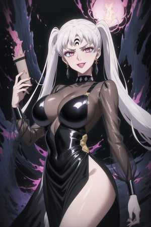 (best quality), (highly detailed), masterpiece, (official art), (noelle_silva,silver hair,twintails,bangs,jewelry), makeup, ((forehead mark, crescent facial mark, black crystal earrings)), aged up, evil smile, lips, lipstick, posing, anime coloring, ((black dress, long sleeves, see-through)), pink dress, side slit, A dark and mysterious female character inspired by the style of classic anime. She has an evil face with an evil smile, giving her an imposing and intimidating presence. The overall atmosphere is dark and mysterious, with a sense of power and control emanating from her posture.,