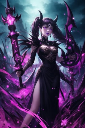 ((lips,purple lips,lipstick,makeup)), ((crescent face mark, Crystal black earrings)),closed mouth,smile, Diane, twintails black hair,hair_scrunchie ,lips, ruler of hell, stands as a malevolent dictator, gradient from white to dark, framing her cold gaze. Her elaborate gown, adorned with sinister symbols and glowing red accents, reflects her dominance and cruelty. The background features a hellish landscape: rivers of lava, jagged rocks, tormented souls, and dark clouds with lightning. Eerie, red and black glows illuminate the scene, capturing the dark and oppressive atmosphere of her dominion. Armor, black wings, mace, holding mace, demon horn,GFX