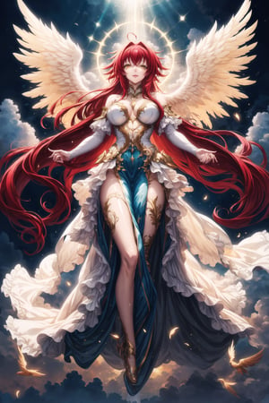 (best quality), (highly detailed), masterpiece, (official art), Rias Gremory as a serene angel, lips smile, with long flowing red hair and a delicate ahoge, luminous white wings spread wide behind her. She is wearing a simple, elegant white gown that flows gracefully around her, softly billowing as she floats in the sky. Rias stands with her arms gracefully open, as if welcoming you with a serene and benevolent presence, her yellow eyes. Rays of divine light shine down from the heavens, illuminating her figure, while she hovers among soft, glowing clouds. The sky is a serene blend of soft pastels, with golden rays breaking through, creating a heavenly and peaceful atmosphere. Her wings emit a gentle, ethereal light, adding to her angelic presence.