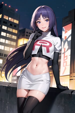 (best quality), (highly detailed), masterpiece, (official art),sumire kakei, posing, lips, smile, ((long hair)), Team Rocket, cropped jacket, white jacket, crop top, jacket, gloves, black gloves, elbow gloves, navel, midriff, white skirt, miniskirt, skirt, thighhighs,, looking at viewer, china, asiática, city, night, sky, (intricately detailed, hyperdetailed), blurry background,depth of field, best quality, masterpiece, intricate details, tonemapping, sharp focus, hyper detailed, trending on Artstation,1 girl, high res, official art