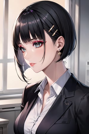 (best quality), (highly detailed), masterpiece, (official art), suguha, short hair, black hair, bob cut, hairclip, hair ornament, blunt bangs, lips, 3-piece business dress, ((professional attire, confident pose)), modern office setting, (((elegant hairstyle, stylish makeup))), neutral color palette, high heels, office accessories, natural lighting, corporate ambiance, subtle jewelry, sleek design, sophisticated demeanor, ((composed expression)).  (intricately detailed, hyperdetailed), blurry background,depth of field, best quality, masterpiece, intricate details, tonemapping, sharp focus, hyper detailed, trending on Artstation,1 girl, solo,high res,official art