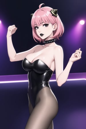 (best quality), (highly detailed), masterpiece, (official art),  ,anya forger:1.3,ahoge, hair ornament,( anya, hair ornament, pink hair, short hair),Earrings,   gem earring:1.2,black_earrings, lips:1.2, black lips:1.4, makeup:1.2, lipstick:1.2, spiked collar:1.2, makeup, black eyes:1.2, ,black_leotard, leotard:1.3,strapless:1.2, pantyhose,lips, cowboy shot, large breast, looking at viewer, (/nightclub scene, neon lights)), , club, (nigth club), ,hd quality, perfect face ,realistic, realistic body , perfect face sync,night club,StandingAtAttention,marinette,night club,b1mb0, dancing:1.2