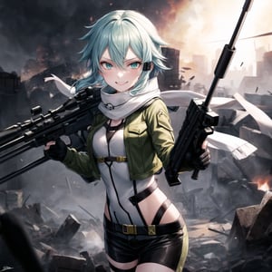 Highly detailed anime illustration of Sinon in the midst of a desolate battlefield, her blue hair whipping in the wind as she fires her sniper rifle with deadly precision. Her sharp aqua eyes, partially obscured by strands of hair, gleam with a twisted joy, and a sadistic smile spreads across her face, reflecting her dark pleasure in the chaos of combat.

sinon1 is dressed in her signature combat outfit: a green cropped jacket open at the front, revealing a white scarf that flutters as she moves. Her black shorts and fingerless gloves are practical for the fight, while her sniper rifle is held firmly, aimed with unwavering focus. The rifle's muzzle flashes brightly, illuminating the battlefield in sharp, cold light.

The surrounding environment is bleak and war-torn, with crumbling structures and a cloudy, dark sky overhead, adding to the tension and intensity of the scene. The ground is littered with debris, evidence of the ongoing conflict. Shadows and light play across her form, emphasizing her role as a hunter in this grim setting.

Despite the devastation around her, Sinon’s sadistic smile and the gleam in her eyes make it clear she relishes the battle, her laughter echoing amidst the destruction. Every shot she takes is precise, her enjoyment of the fight apparent in every detail of her expression and posture.

Key Details:

The sniper rifle is depicted in high detail, with visible muzzle flash and recoil captured mid-shot.
Sinon's expression is the focal point, her sadistic smile and bright, crazed eyes adding a layer of psychological depth.
The battlefield is grim, with dark, moody lighting that contrasts with the bright flashes of gunfire.
Her pose is dynamic, with the rifle held steady as she fires, her body language exuding confidence and delight in the violence.
The overall atmosphere is dark and intense, highlighting Sinon's enjoyment of the chaos and her role as a formidable sniper in the heat of battle.