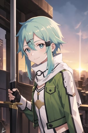 (best quality), (highly detailed), masterpiece, (official art), ((sinon1, cyberpunk, hair ornament, hairclip)), 1girl, upper body, bangs, blue eyes, blue hair, blurry, blurry background, fingerless gloves, green jacket, hair between eyes, hair ornament, hairclip, highres, jacket, long sleeves, outdoors, scarf, short hair, short hair with long locks, sidelocks, signature, sinon, solo, sunset, sword art online, turning head, partially open eyes, smiling, "isn't that right, Asuna"
